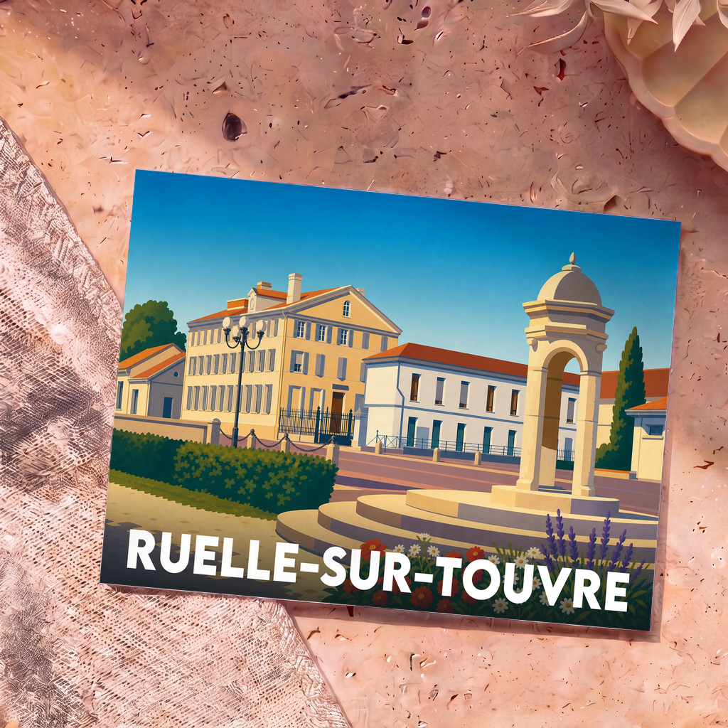 Carte postale souvenir de la ville de Ruelle-sur-Touvre avec une illustration stylisée de son architecture et d'une fontaine.