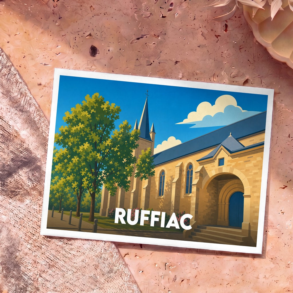 Carte postale souvenir de la ville de Ruffiac avec une illustration stylisée de son église sous un ciel bleu.