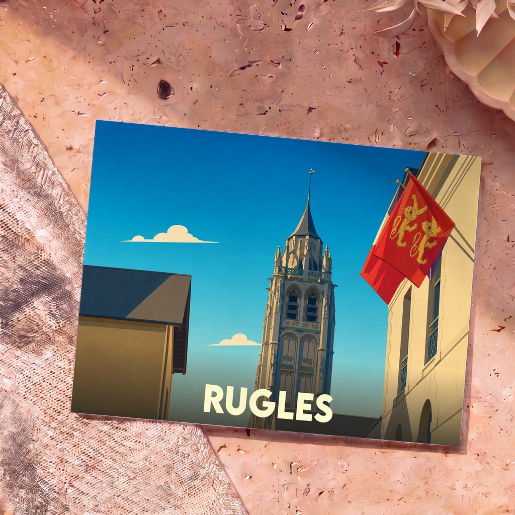 Carte postale souvenir de la ville de Rugles illustrant le clocher de son église et les drapeaux normands.