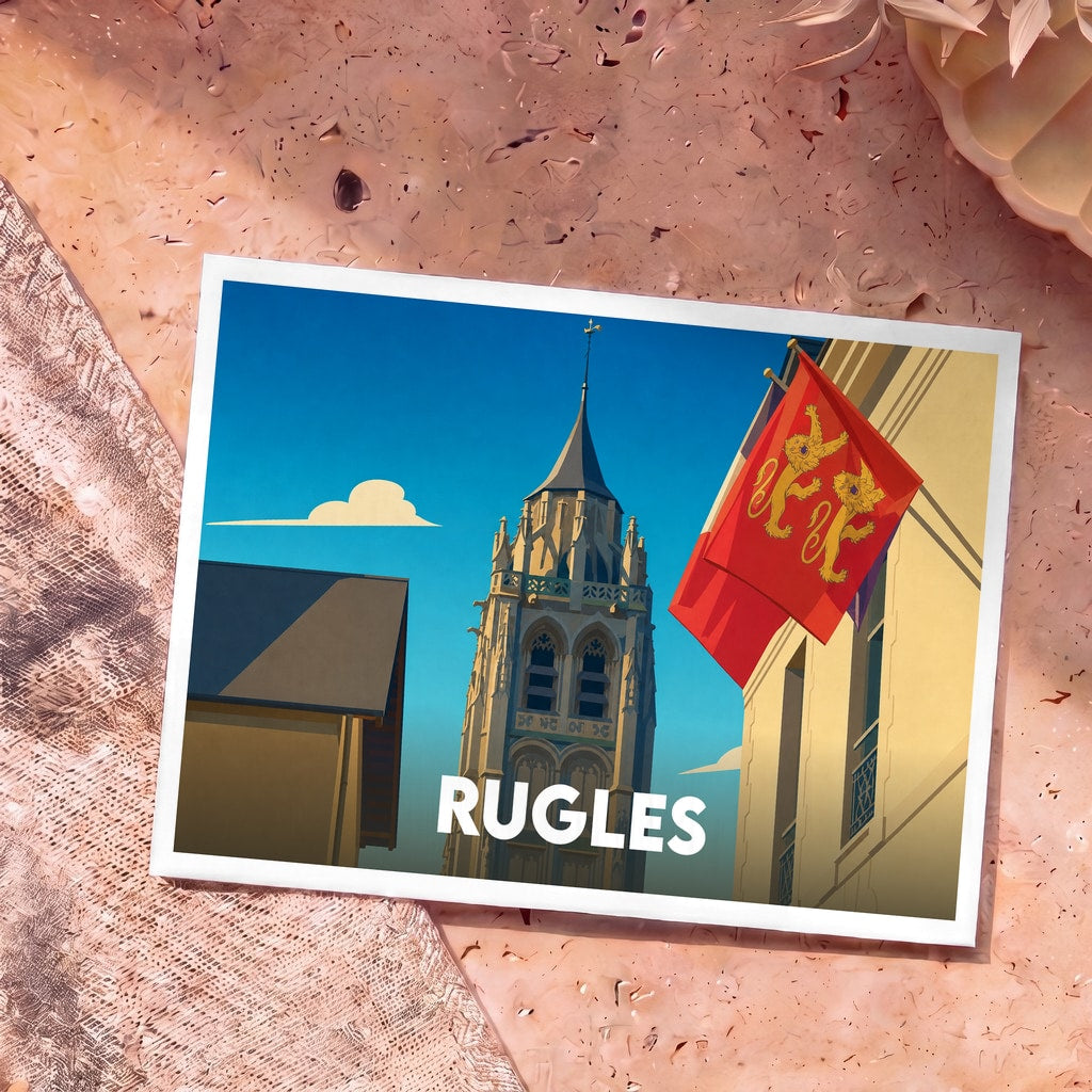 Carte postale souvenir de la ville de Rugles illustrant le clocher de son église et les drapeaux normands.