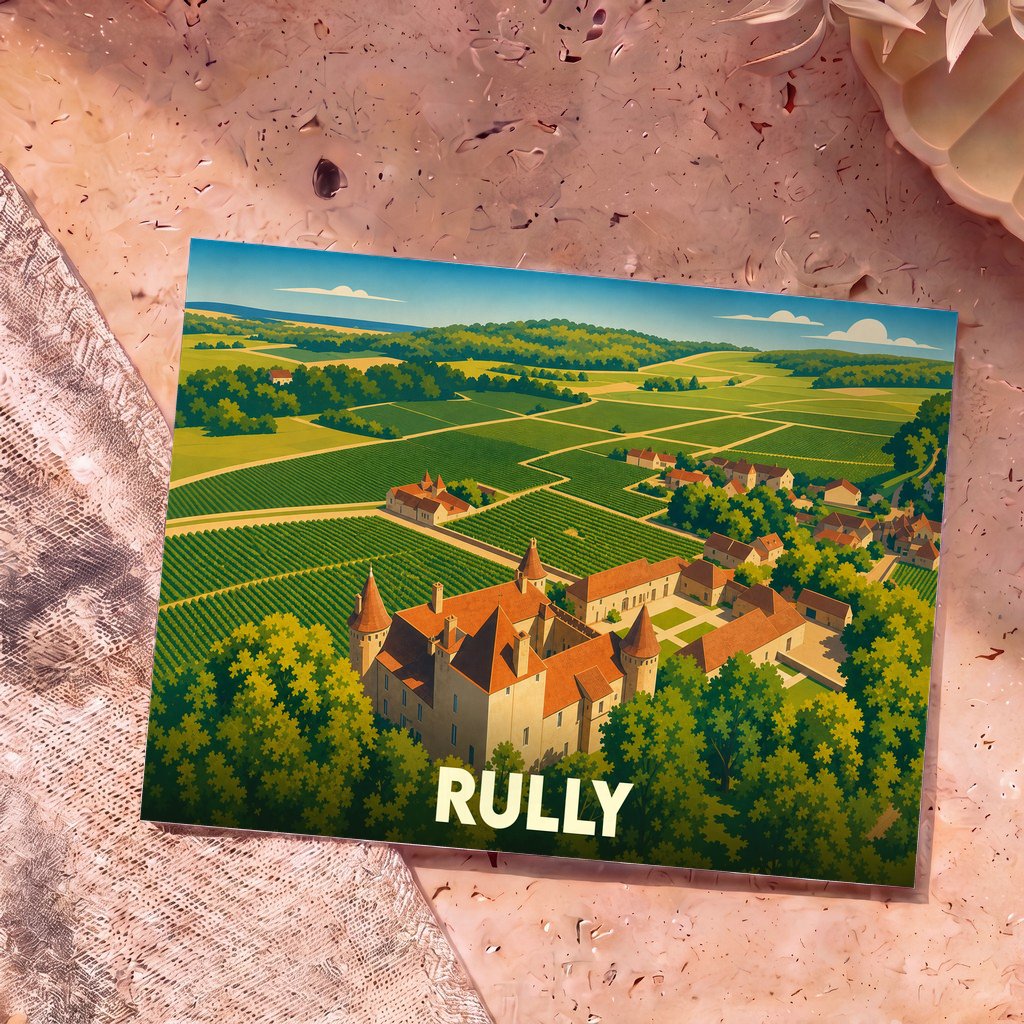 Carte postale souvenir de la ville de Rully avec une illustration stylisée de son château et de ses vignobles.