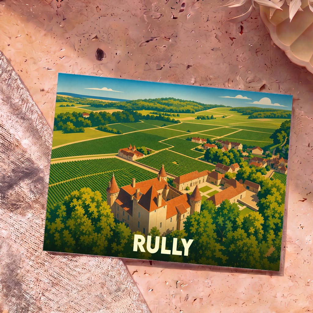 Carte postale souvenir de la ville de Rully représentant une illustration stylisée de son château et de ses vignobles.