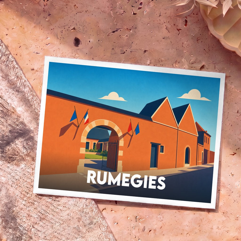 Carte postale souvenir de la ville de Rumegies avec une illustration stylisée d'un bâtiment emblématique sous un ciel bleu.
