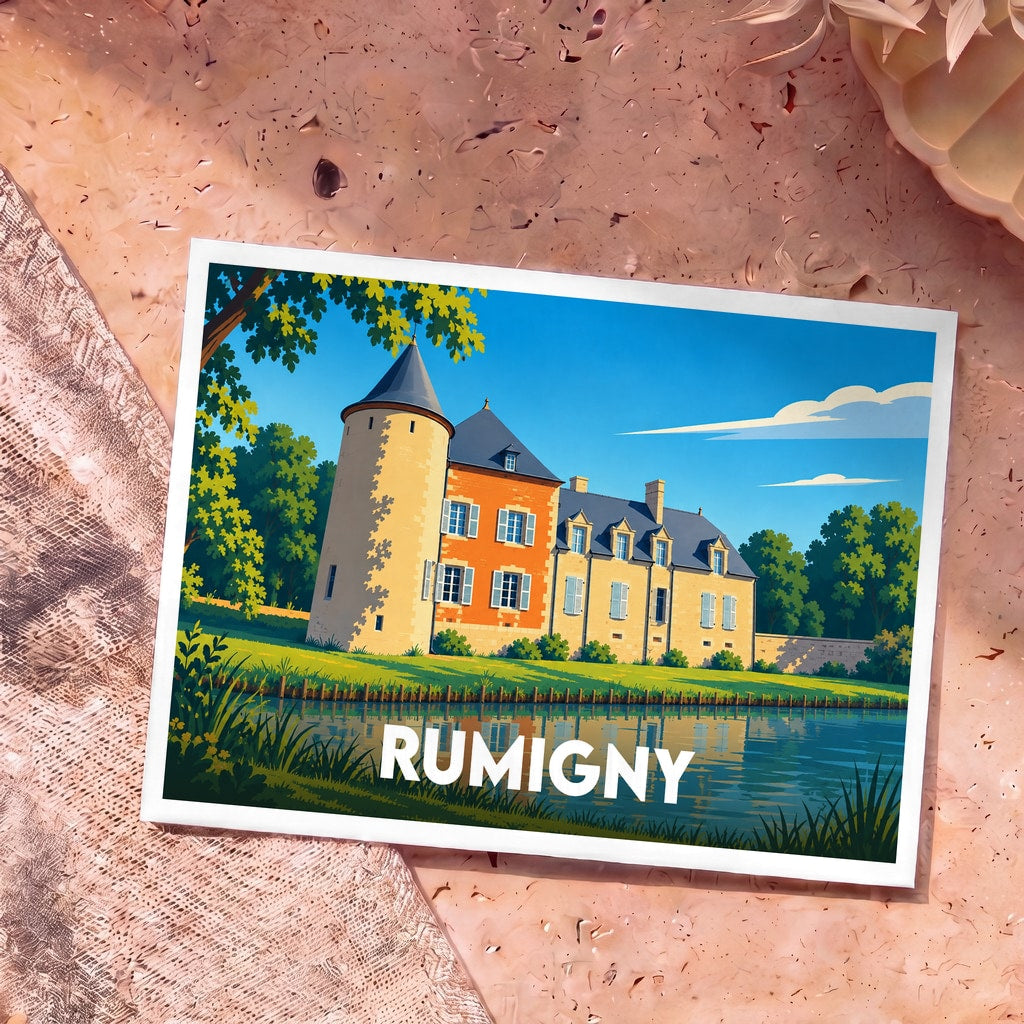 Carte postale souvenir de la ville de Rumigny avec une illustration stylisée de son château bordant l'eau.