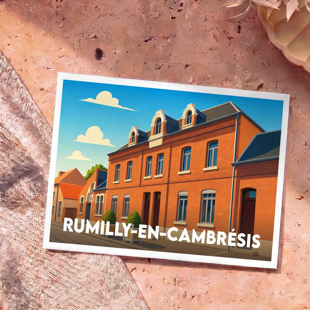 Carte postale souvenir de la ville de Rumilly-en-Cambrésis illustrée d'un bâtiment en briques rouges.