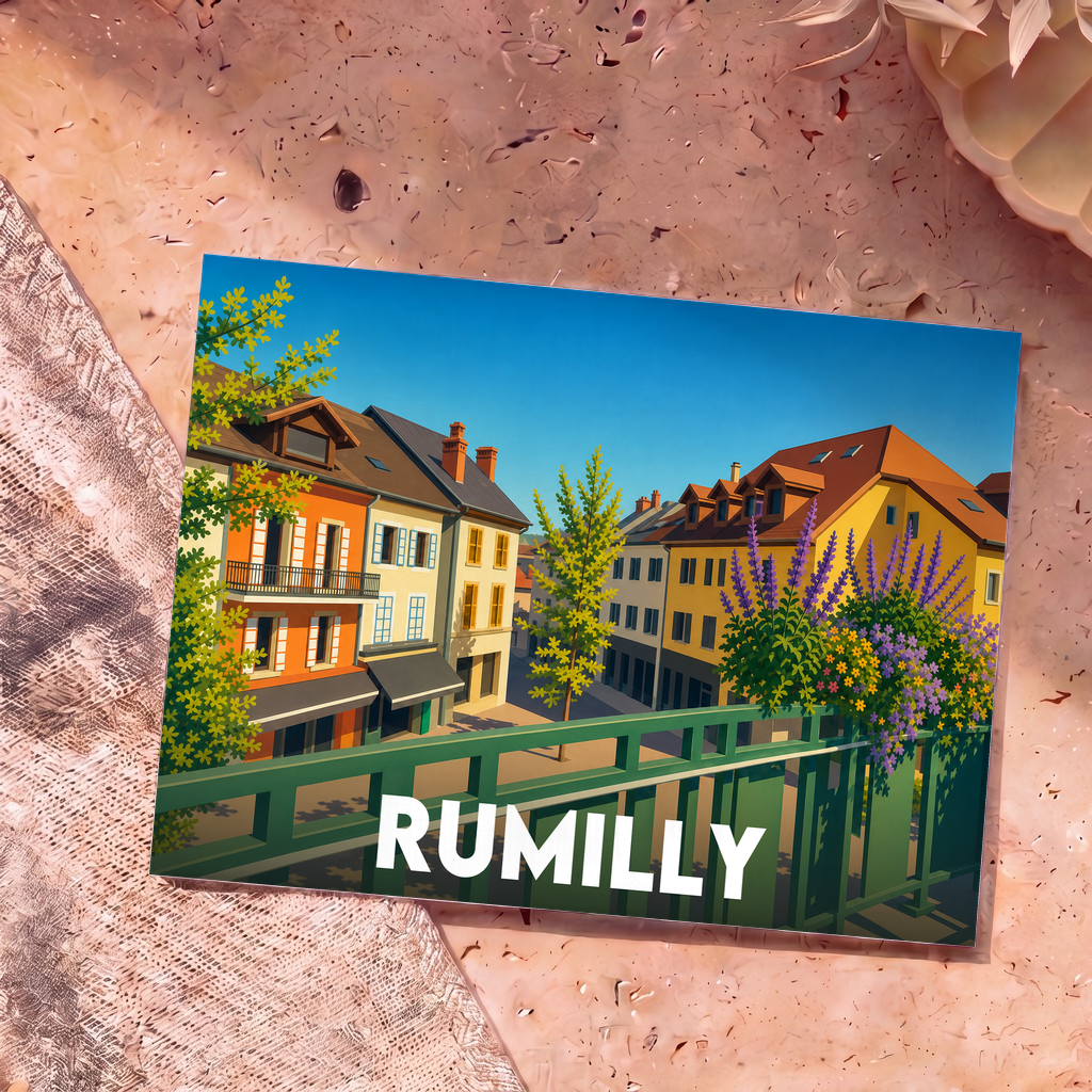 Carte postale souvenir de la ville de Rumilly avec une illustration colorée et stylisée de ses bâtiments.