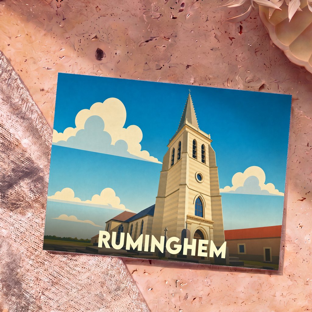 Carte postale souvenir de la ville de Ruminghem avec une illustration stylisée de son église sous un ciel azur.