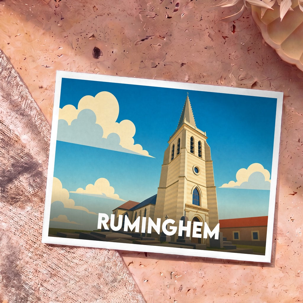 Carte postale souvenir de la ville de Ruminghem avec une illustration stylisée de son église sous un ciel azur.