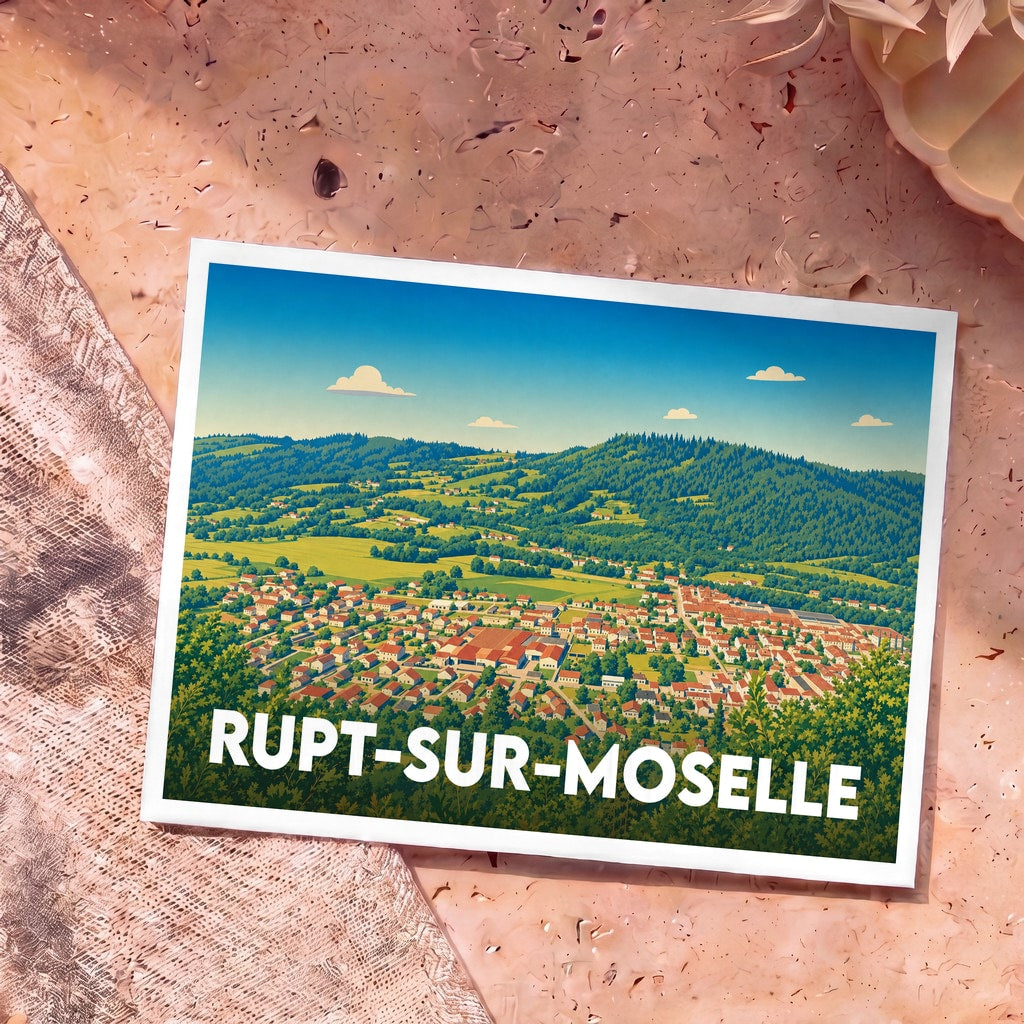 Carte postale souvenir de la ville de Rupt-sur-Moselle avec une illustration panoramique stylisée.