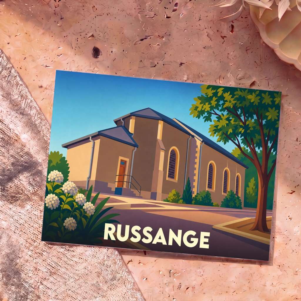 Carte postale souvenir de la ville de Russange avec une illustration stylisée de son église.