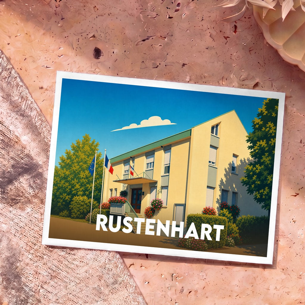 Carte postale souvenir de la ville de Rustenhart illustrant l'hôtel de ville dans un style épuré.