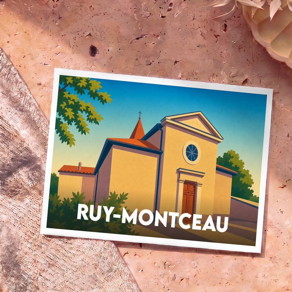 Carte postale souvenir de la ville de Ruy-Montceau avec une illustration stylisée de son église.