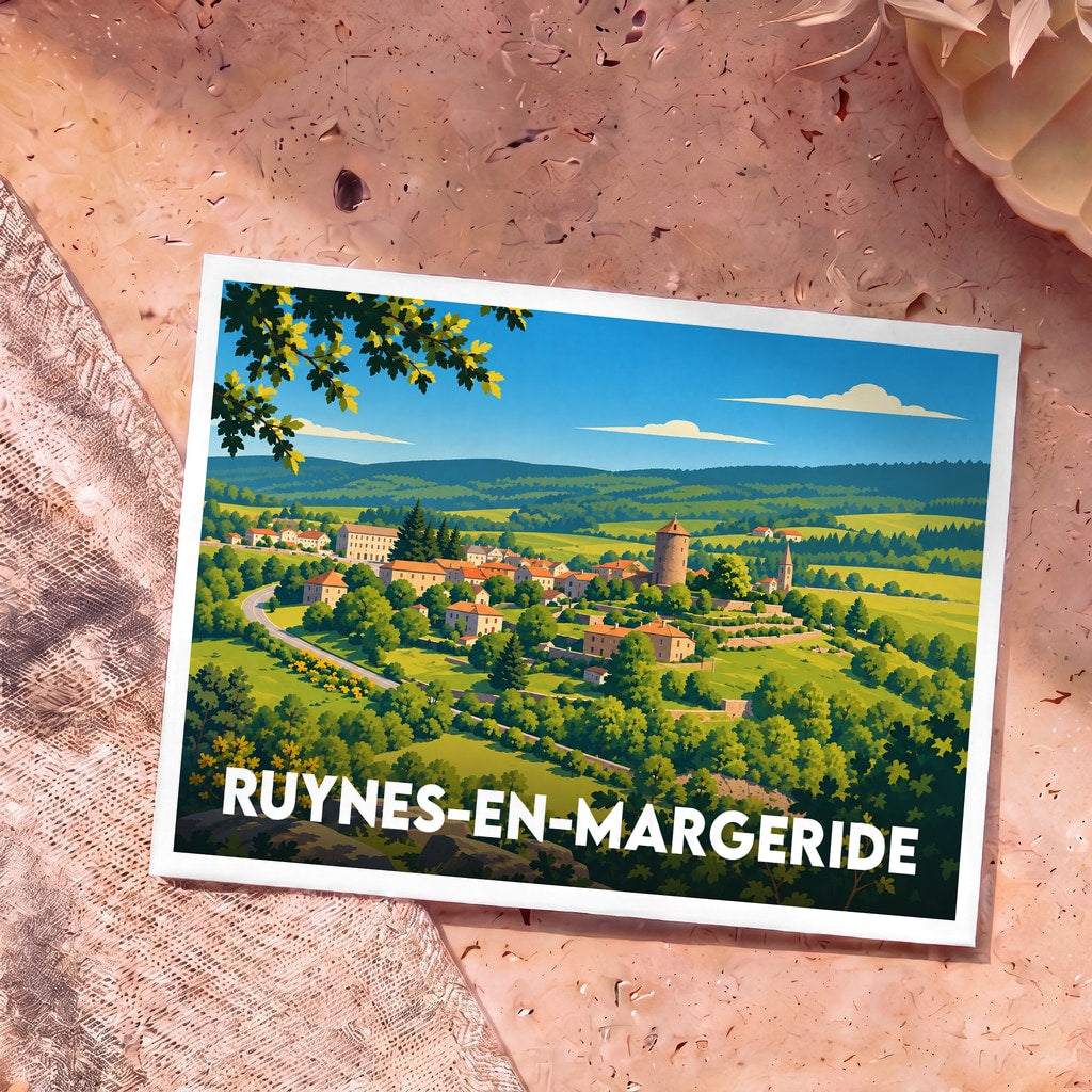 Carte postale souvenir de la ville de Ruynes-en-Margeride avec une illustration stylisée d'un village pittoresque.