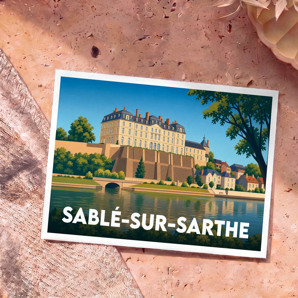 Carte postale souvenir de la ville de Sablé-sur-Sarthe avec une illustration stylisée de son château surplombant la rivière.