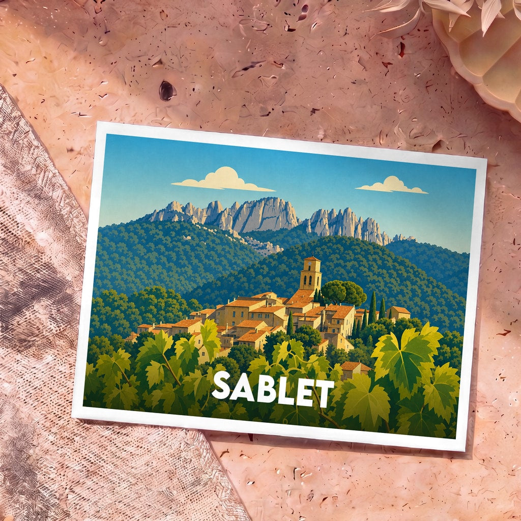 Carte postale souvenir de la ville de Sablet avec une illustration stylisée de son village perché devant les Dentelles de Montmirail.