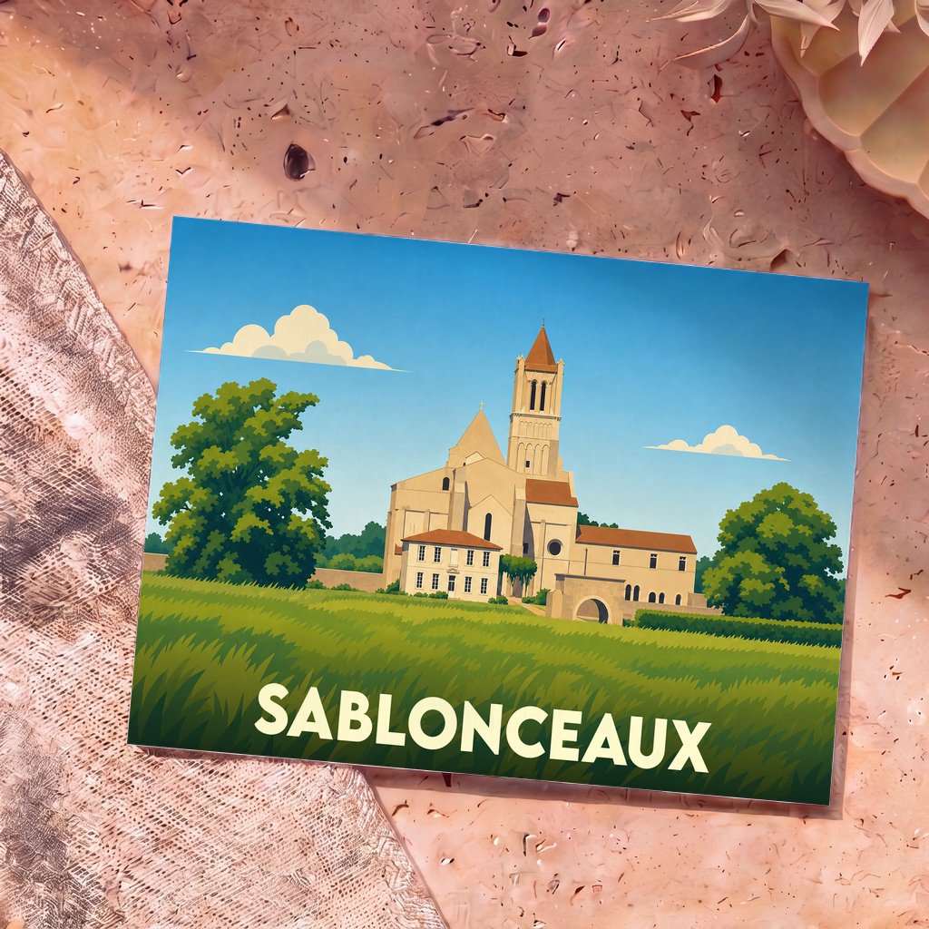 Carte postale souvenir de la ville de Sablonceaux avec une illustration stylisée de son abbaye.