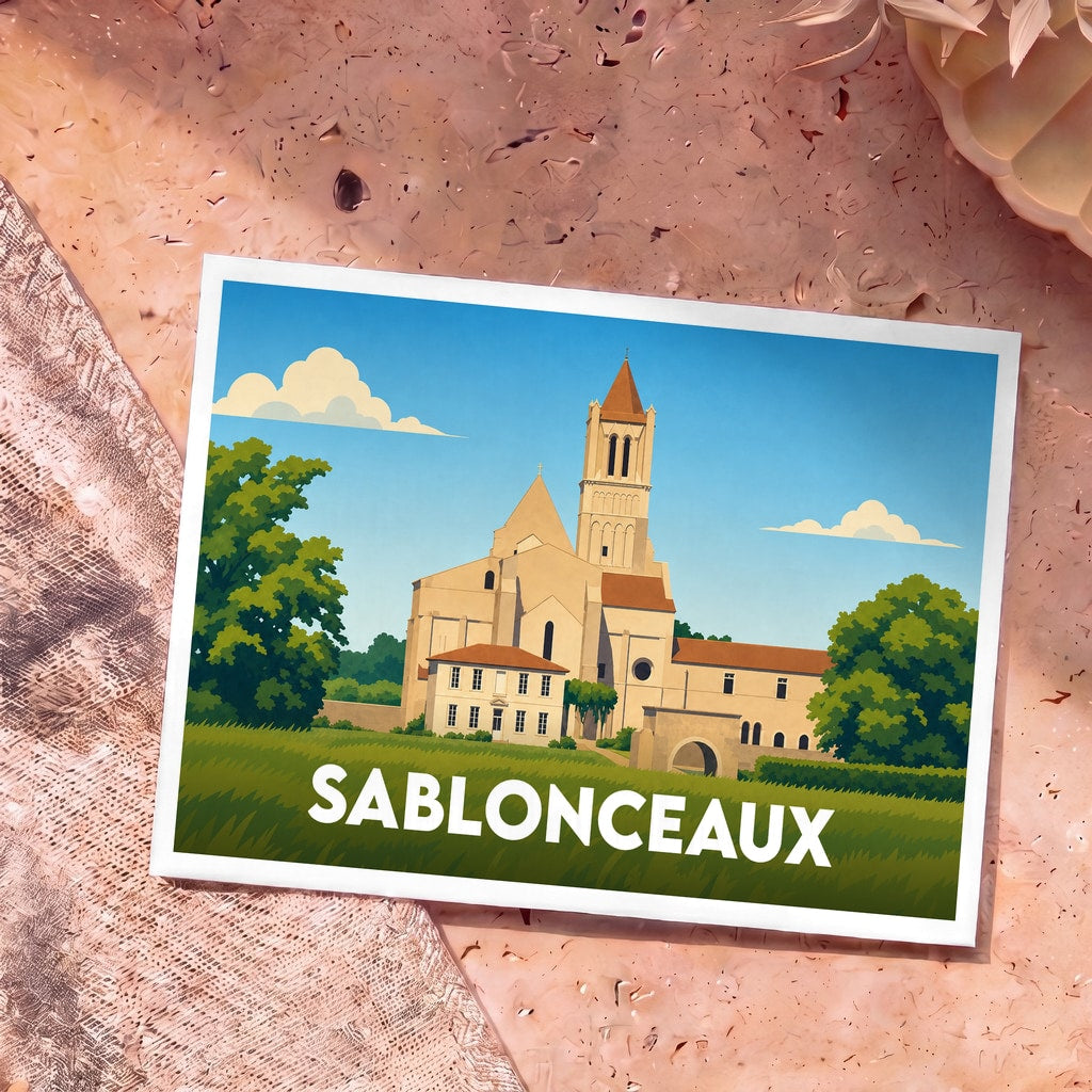 Carte postale souvenir de la ville de Sablonceaux avec une illustration stylisée de son abbaye.