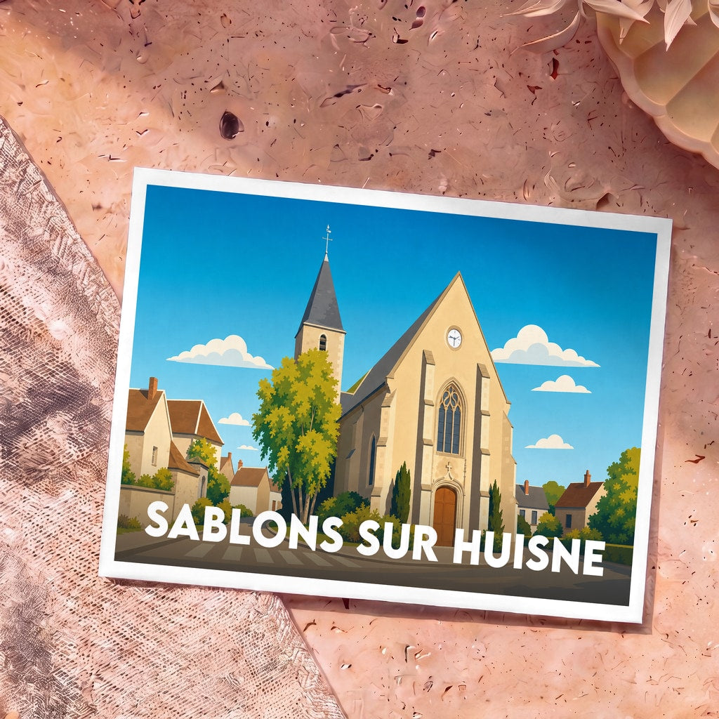 Carte postale souvenir de Sablons sur Huisne illustrant l'église du village dans un style épuré.