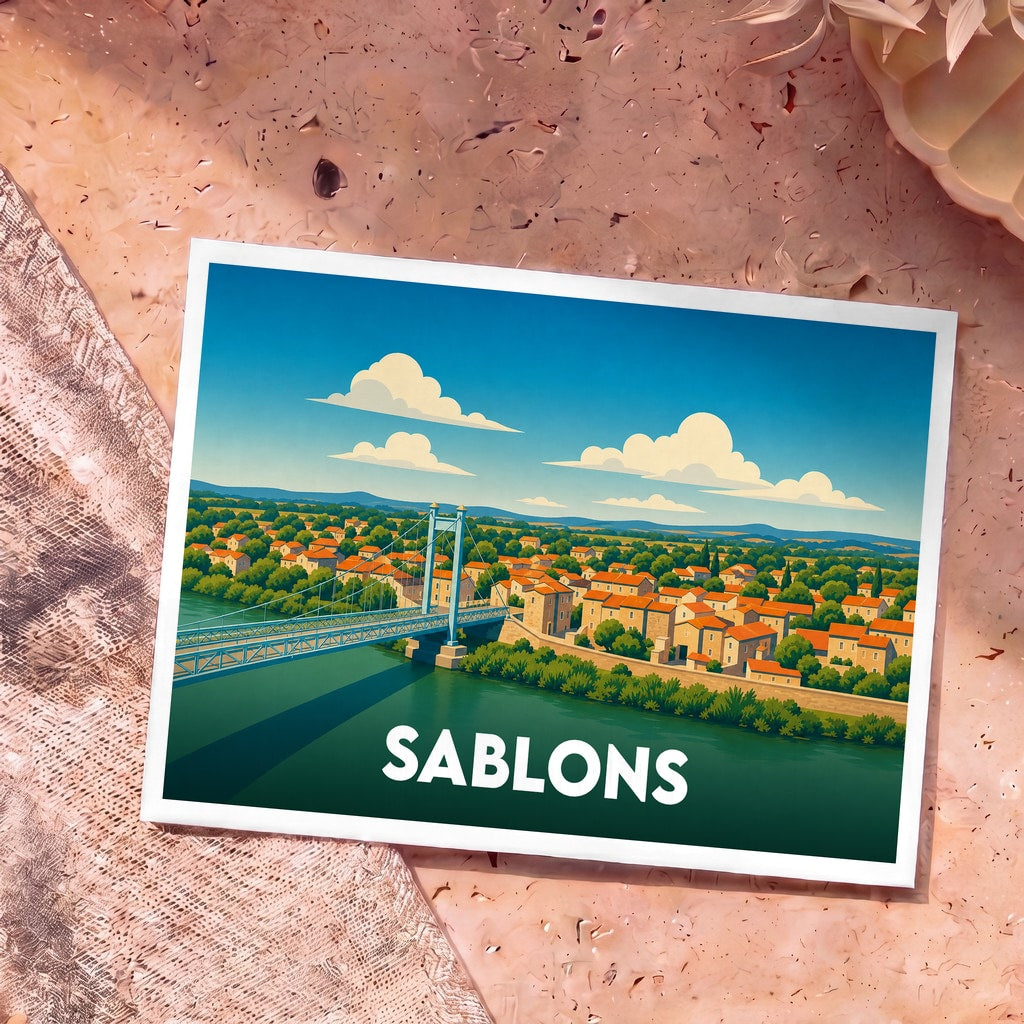 Carte postale souvenir de la ville de Sablons avec une illustration stylisée d'un pont suspendu et d'un village en bord de rivière.