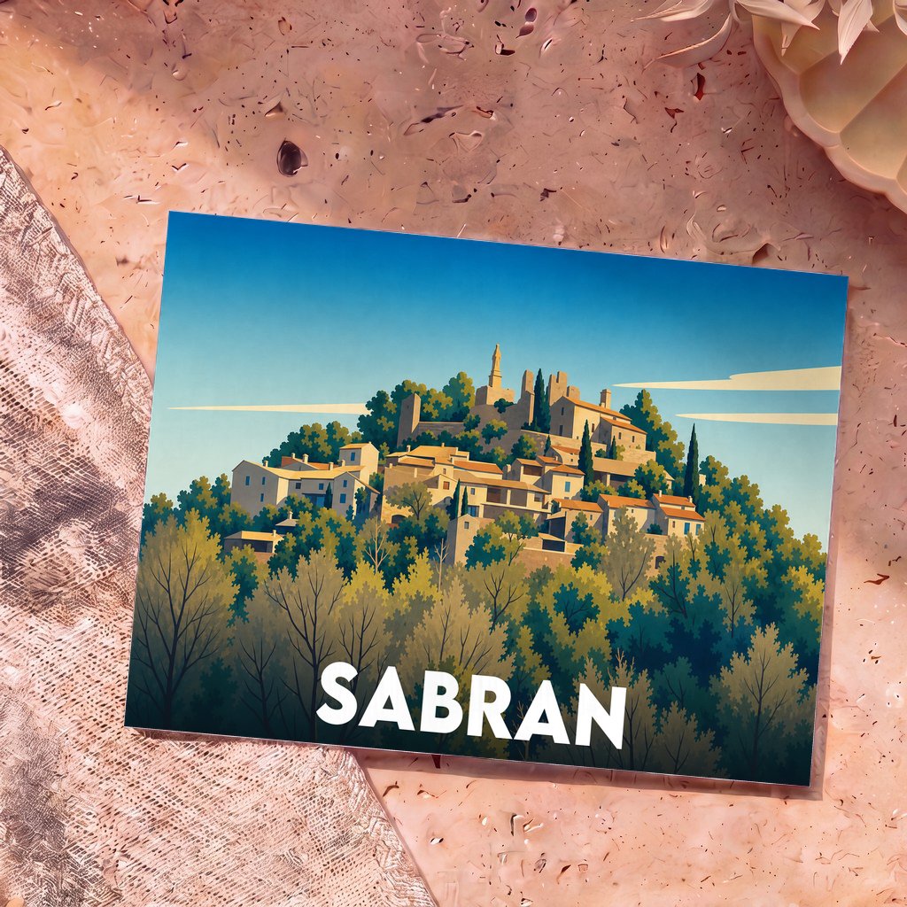 Carte postale souvenir de la ville de Sabran avec une illustration stylisée d'un village perché.