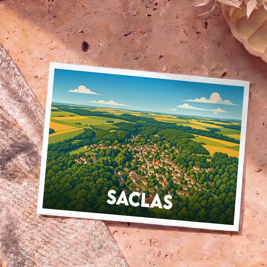 Carte postale souvenir de la ville de Saclas avec une illustration stylisée vue du ciel.