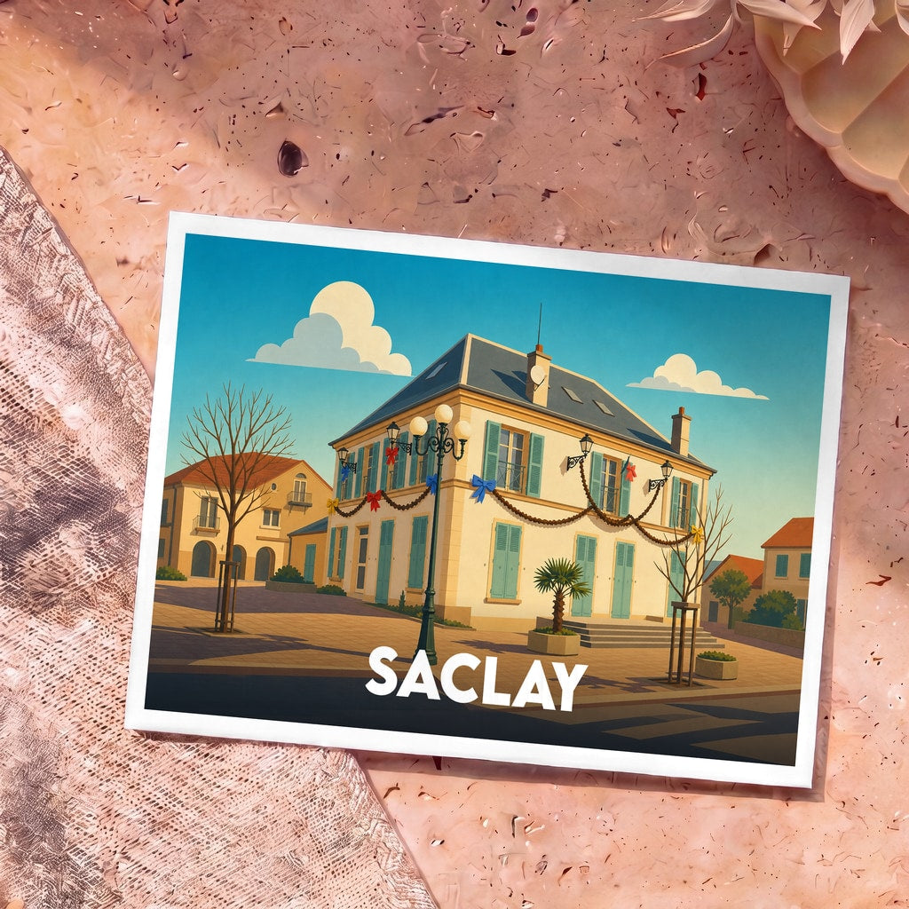 Carte postale souvenir de la ville de Saclay avec une illustration stylisée d'une bâtisse décorée sur une place ensoleillée.