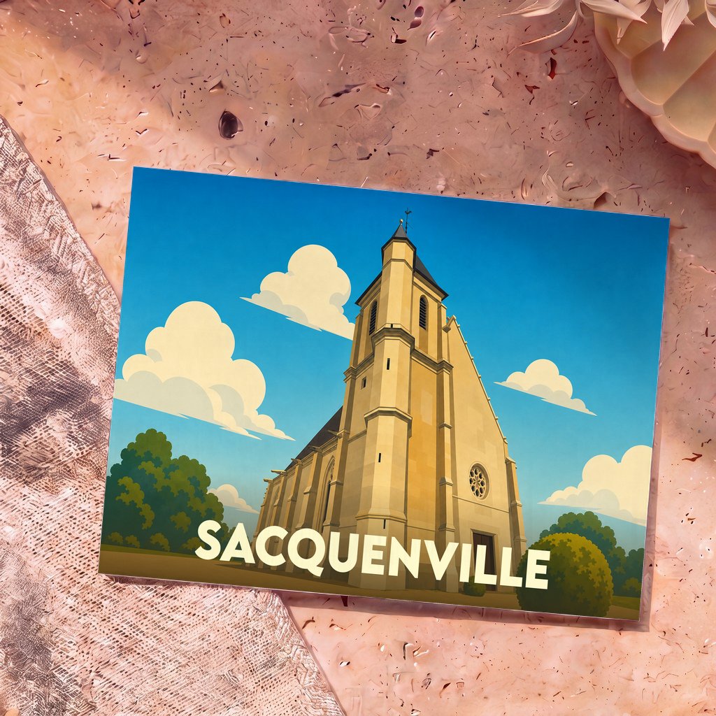 Carte postale souvenir de la ville de Sacquenville illustrant son église dans un style graphique épuré.