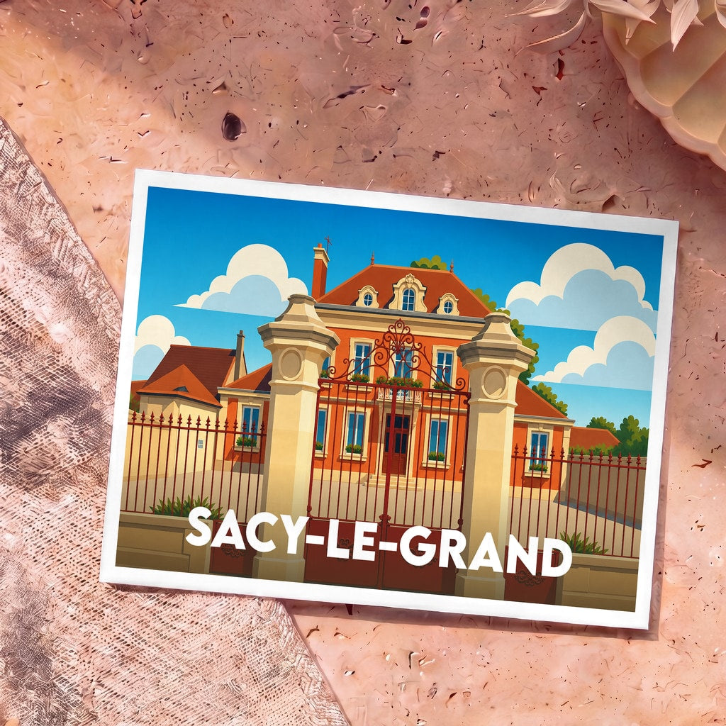 Carte postale souvenir de la ville de Sacy-le-Grand avec une illustration stylisée d'un château derrière sa grille.