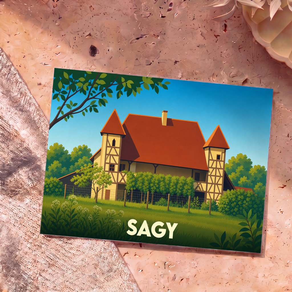 Carte postale souvenir de la ville de Sagy avec une illustration stylisée d'un manoir à colombages.