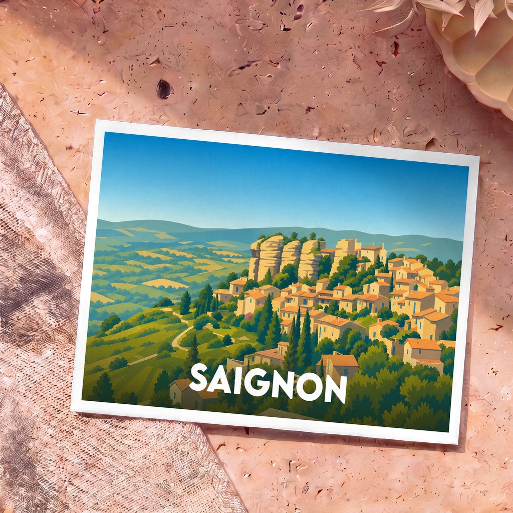 Carte postale souvenir de la ville de Saignon avec une illustration stylisée d'un village perché en Provence.