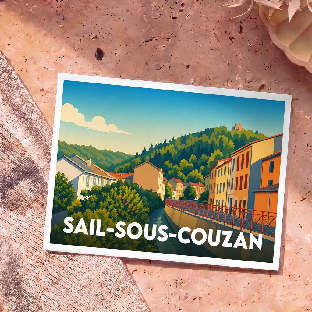 Carte postale souvenir de Sail-sous-Couzan avec une illustration stylisée de la ville et de son château.