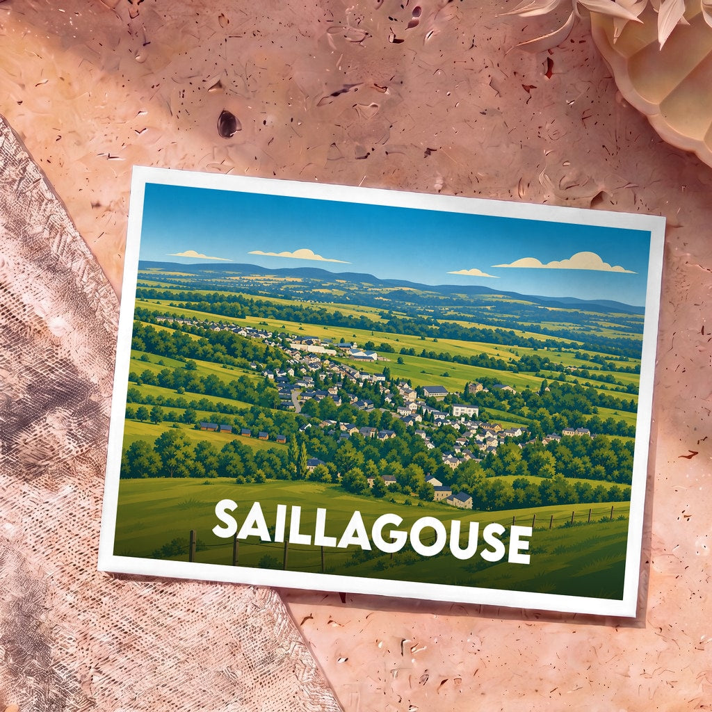 Carte postale souvenir de la ville de Saillagouse avec une illustration stylisée d'un paysage de montagne.
