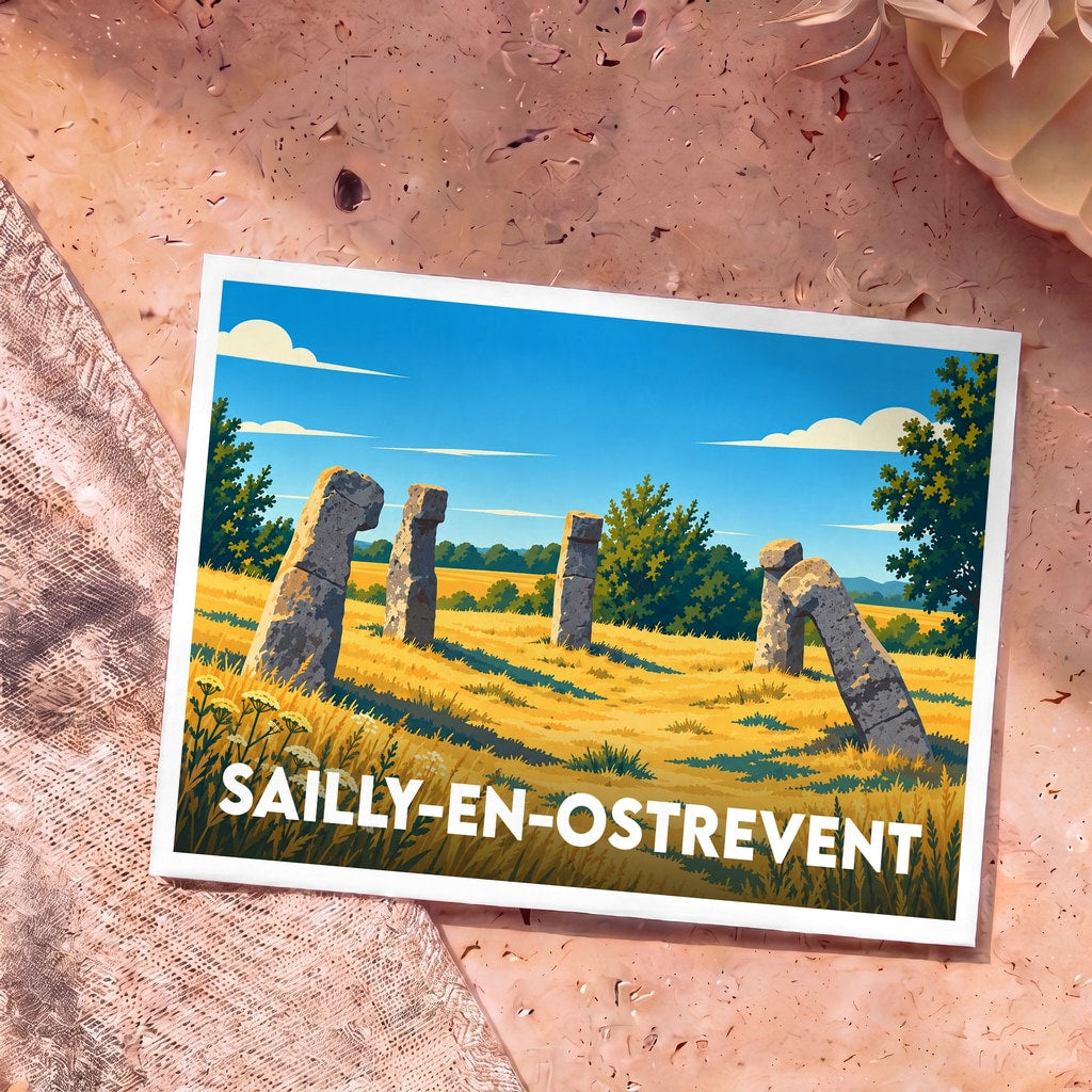 Carte postale souvenir de la ville de Sailly-en-Ostrevent avec une illustration stylisée des menhirs des Sept Bonnettes.
