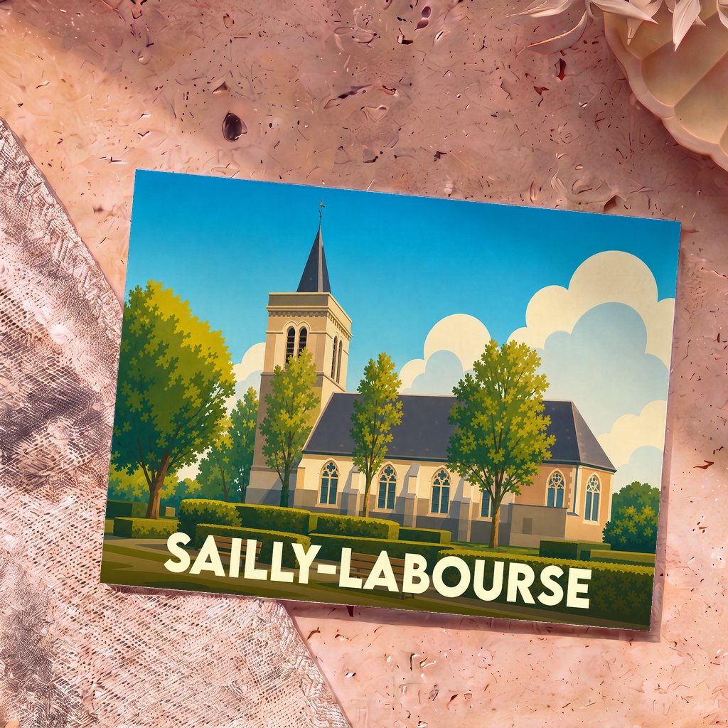 Carte postale souvenir de la ville de Sailly-Labourse avec une illustration stylisée de son église.