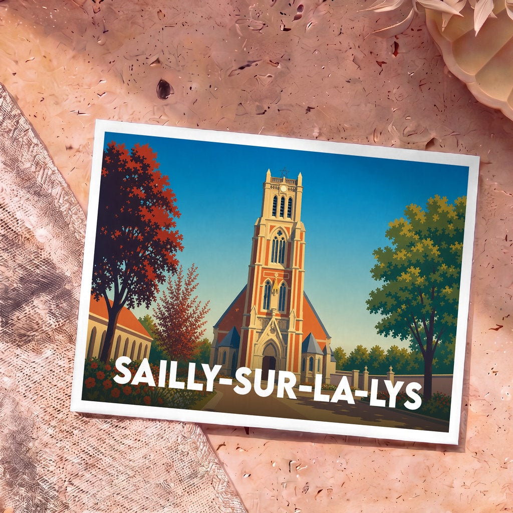 Carte postale souvenir de la ville de Sailly-sur-la-Lys avec une illustration stylisée de son église et d'arbres colorés.