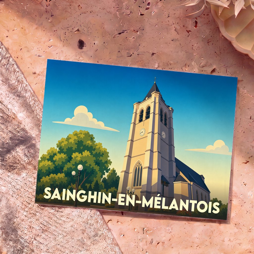 Carte postale souvenir de la ville de Sainghin-en-Mélantois avec une illustration stylisée de son église.