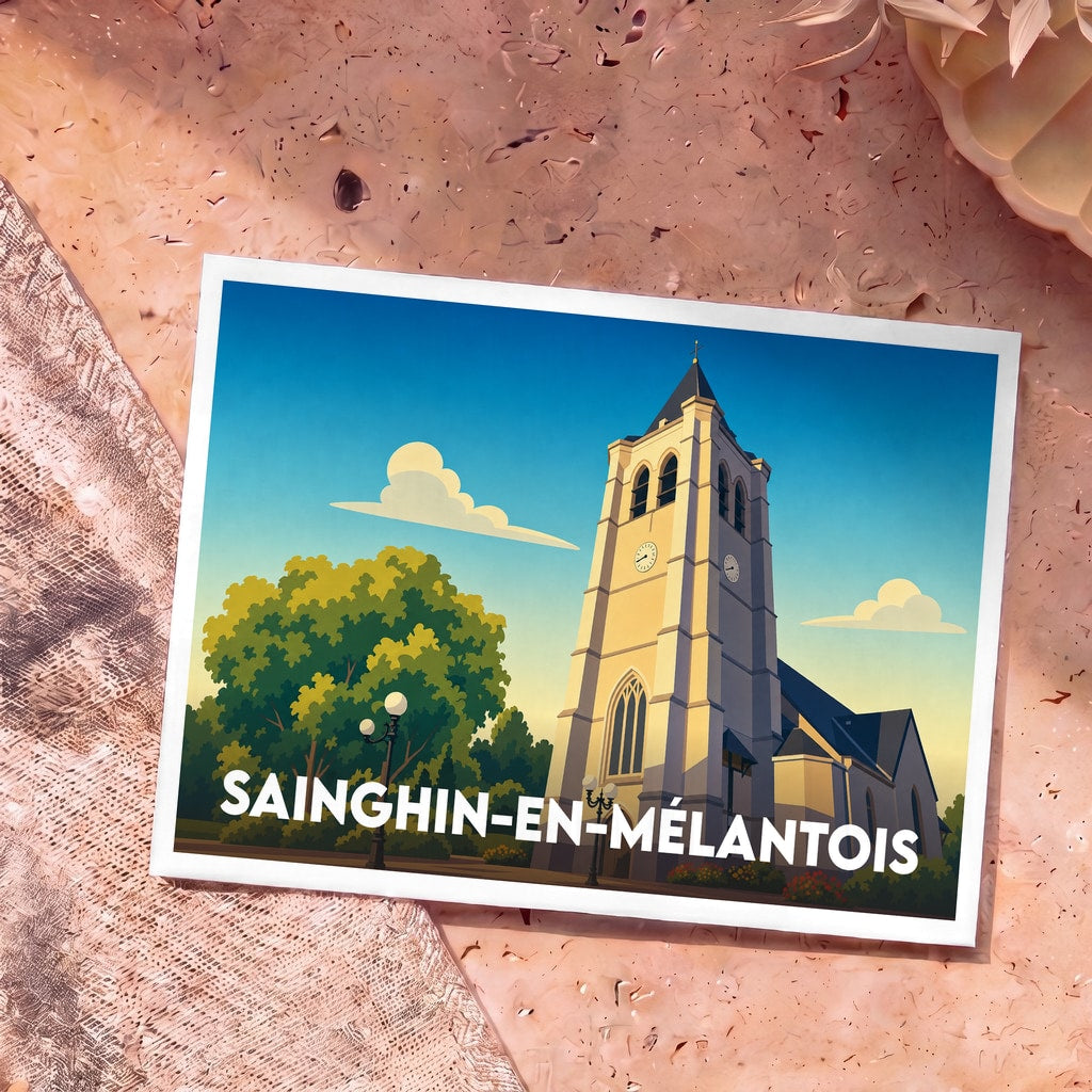 Carte postale souvenir de la ville de Sainghin-en-Mélantois avec une illustration stylisée de son église.