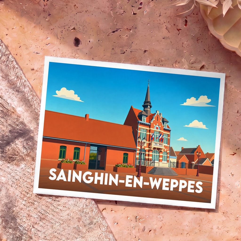 Carte postale souvenir de la ville de Sainghin-en-Weppes avec une illustration stylisée de sa mairie.