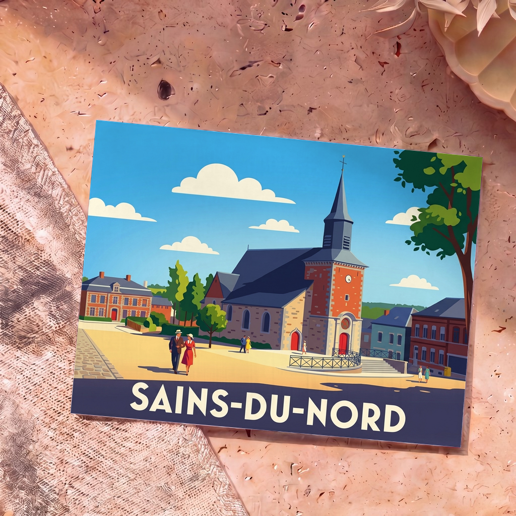 Carte postale souvenir de la ville de Sains-du-Nord avec une illustration stylisée de son église et de son centre-bourg.