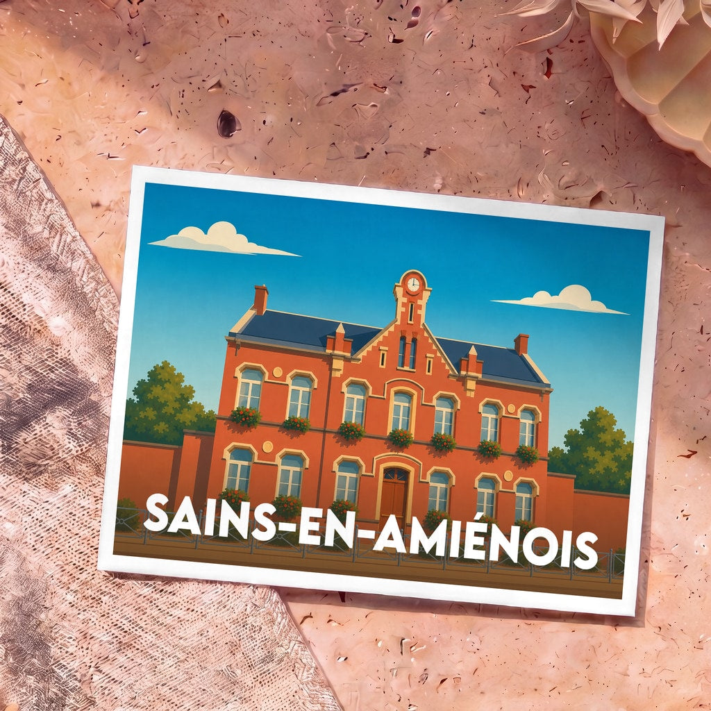 Carte postale souvenir de la ville de Sains-en-Amiénois avec une illustration stylisée de sa mairie.