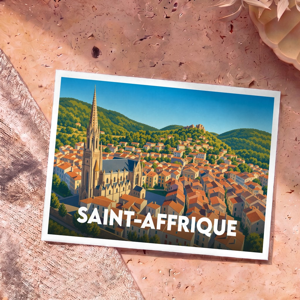Carte postale souvenir de la ville de Saint-Affrique avec une illustration stylisée de son église et de ses toits.