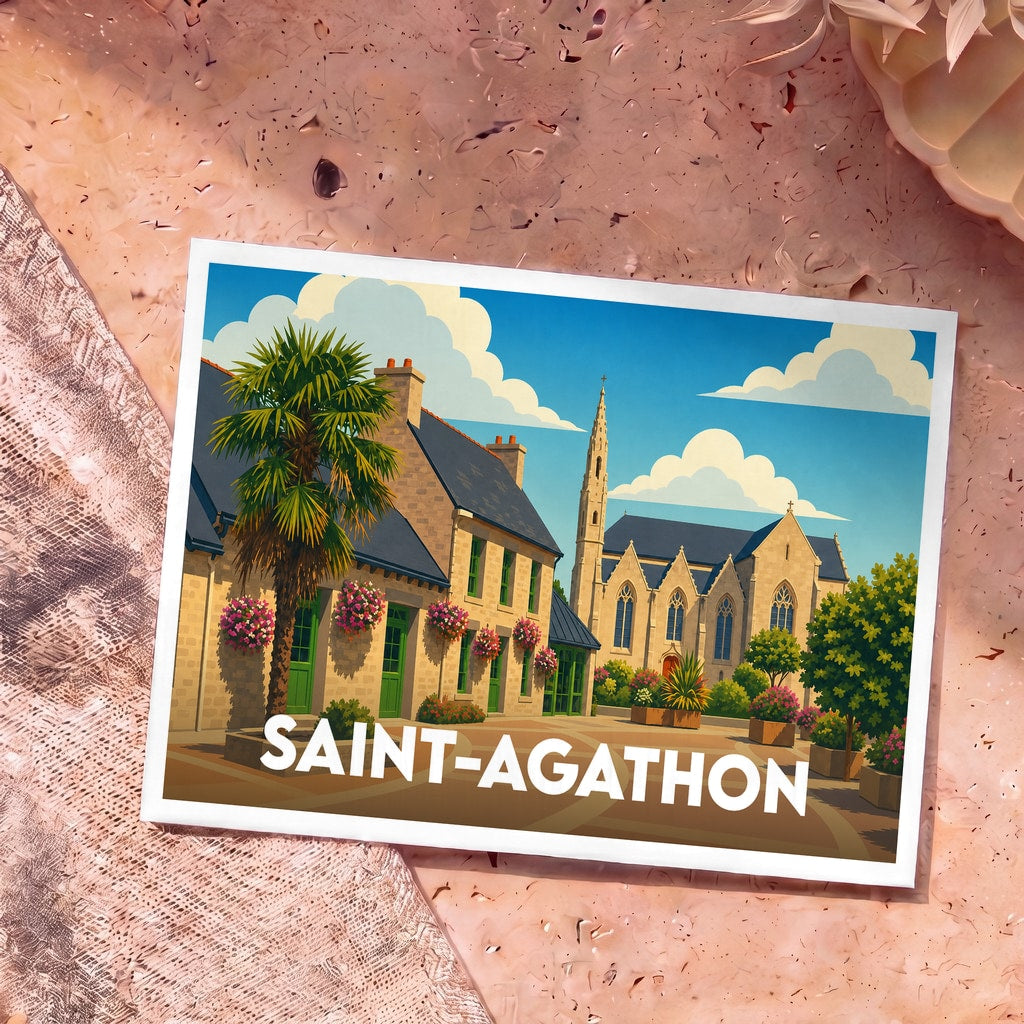 Carte postale souvenir de la ville de Saint-Agathon avec une illustration colorée et stylisée de son architecture.