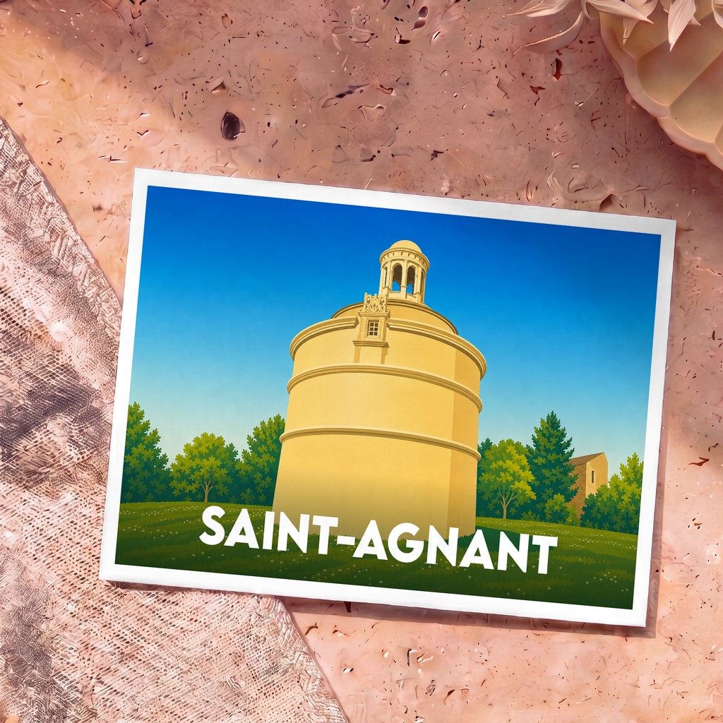 Carte postale souvenir de la ville de Saint-Agnant avec une illustration stylisée de son monument historique.