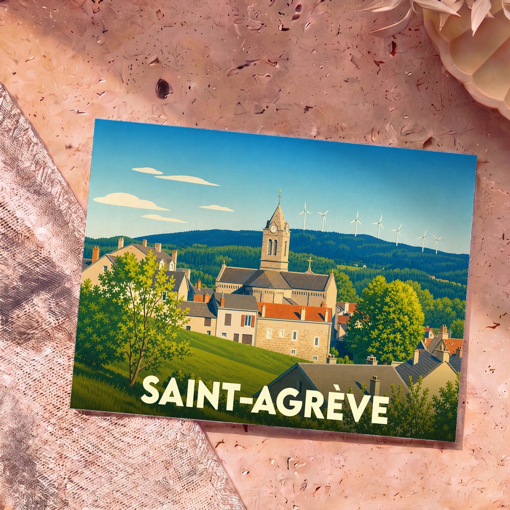 Carte postale souvenir de la ville de Saint-Agrève avec une illustration stylisée de son église et d'un paysage vallonné.