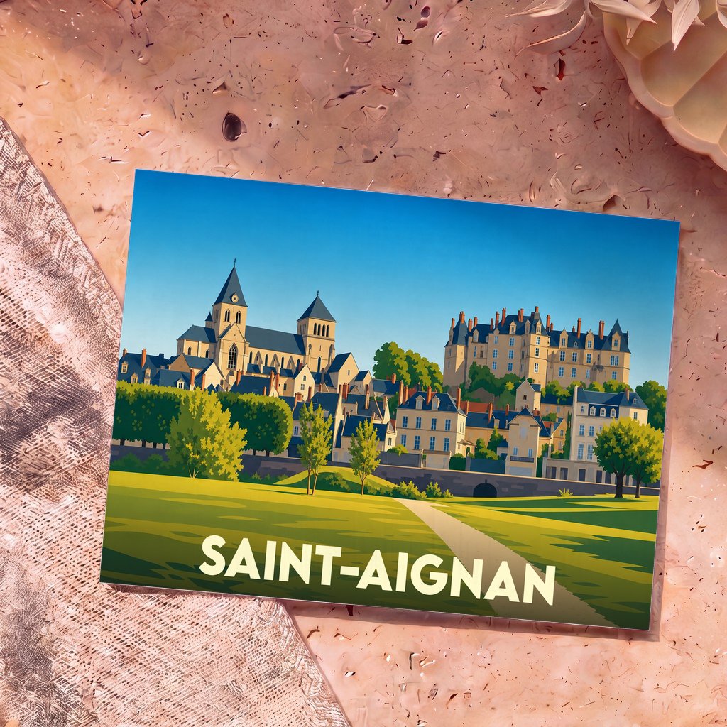 Carte postale souvenir de la ville de Saint-Aignan avec une illustration stylisée de son château et de son église dominant le Cher.