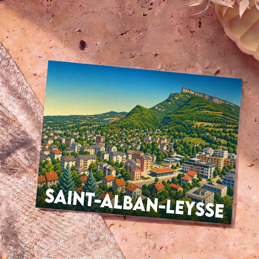 Carte postale souvenir de la ville de Saint-Alban-Leysse avec une illustration stylisée et colorée.