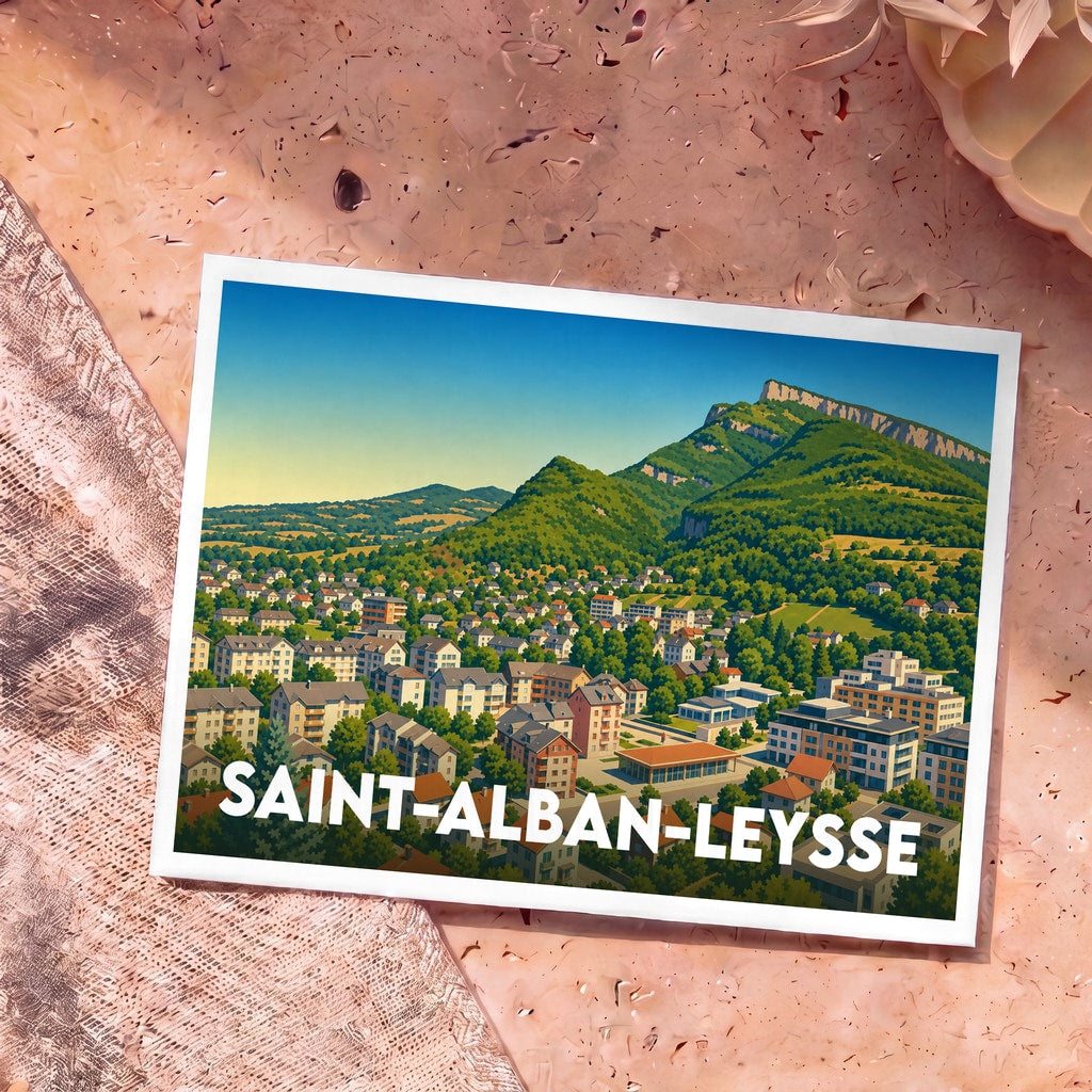 Carte postale souvenir de la ville de Saint-Alban-Leysse avec une illustration stylisée et colorée.