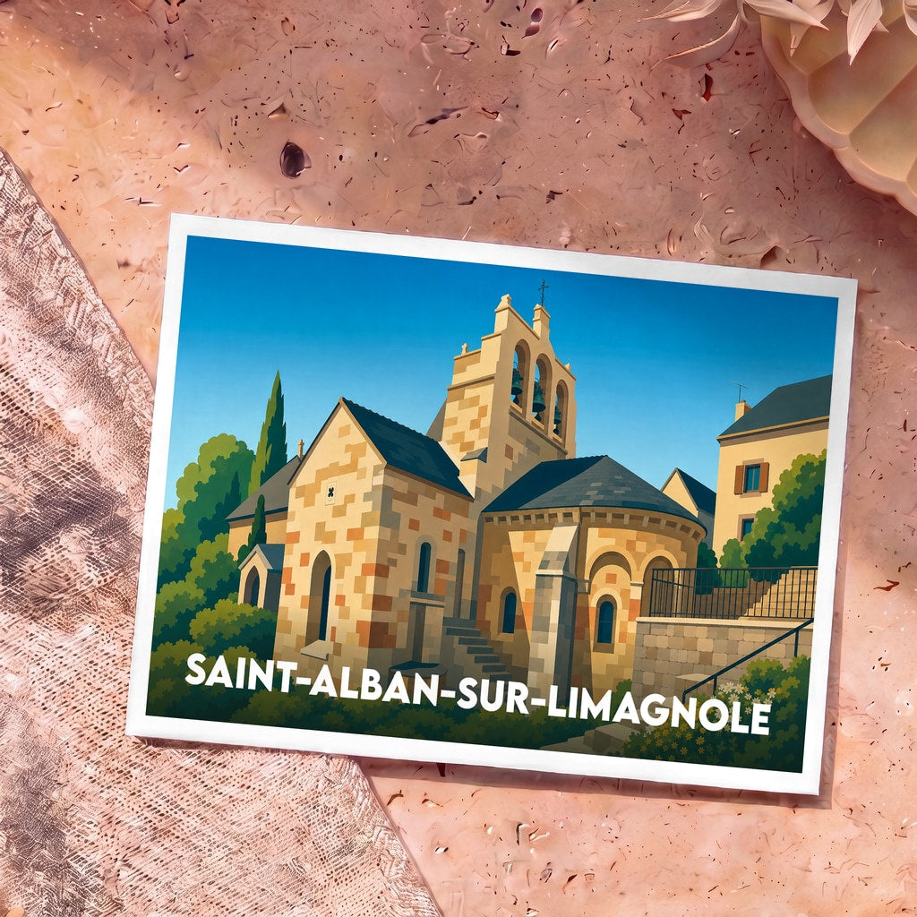 Carte postale souvenir de Saint-Alban-sur-Limagnole illustrant son église romane dans un style graphique épuré.