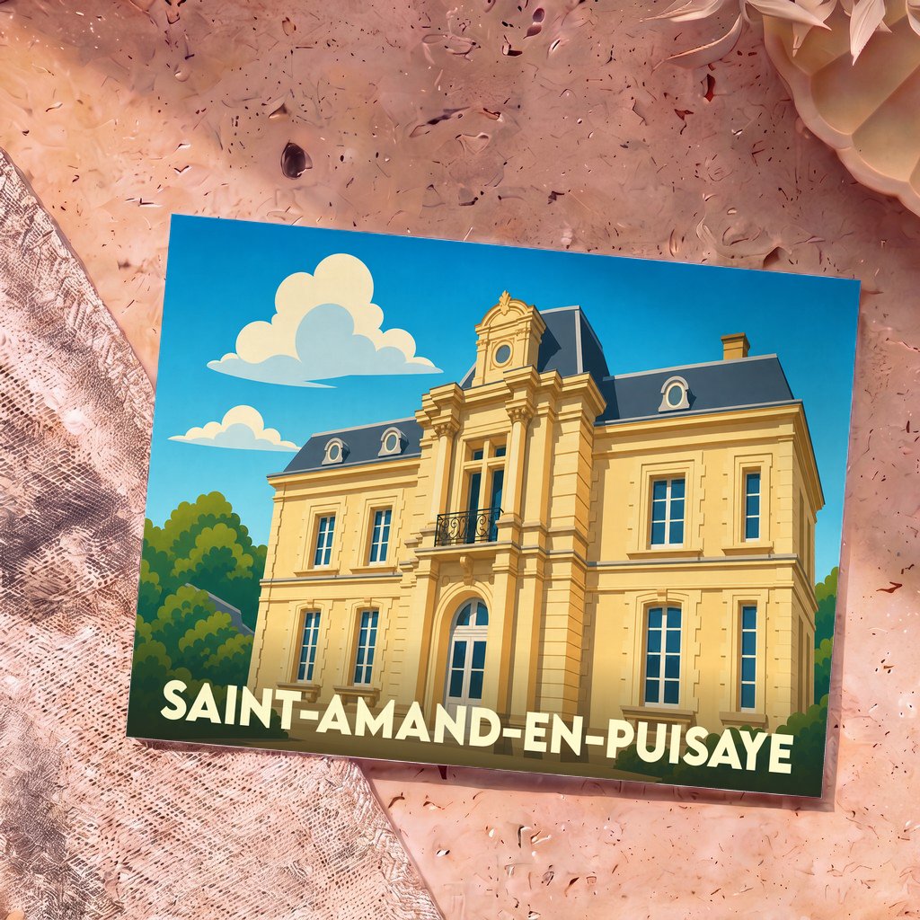 Carte postale souvenir de Saint-Amand-en-Puisaye illustrant son château dans un style graphique et coloré.