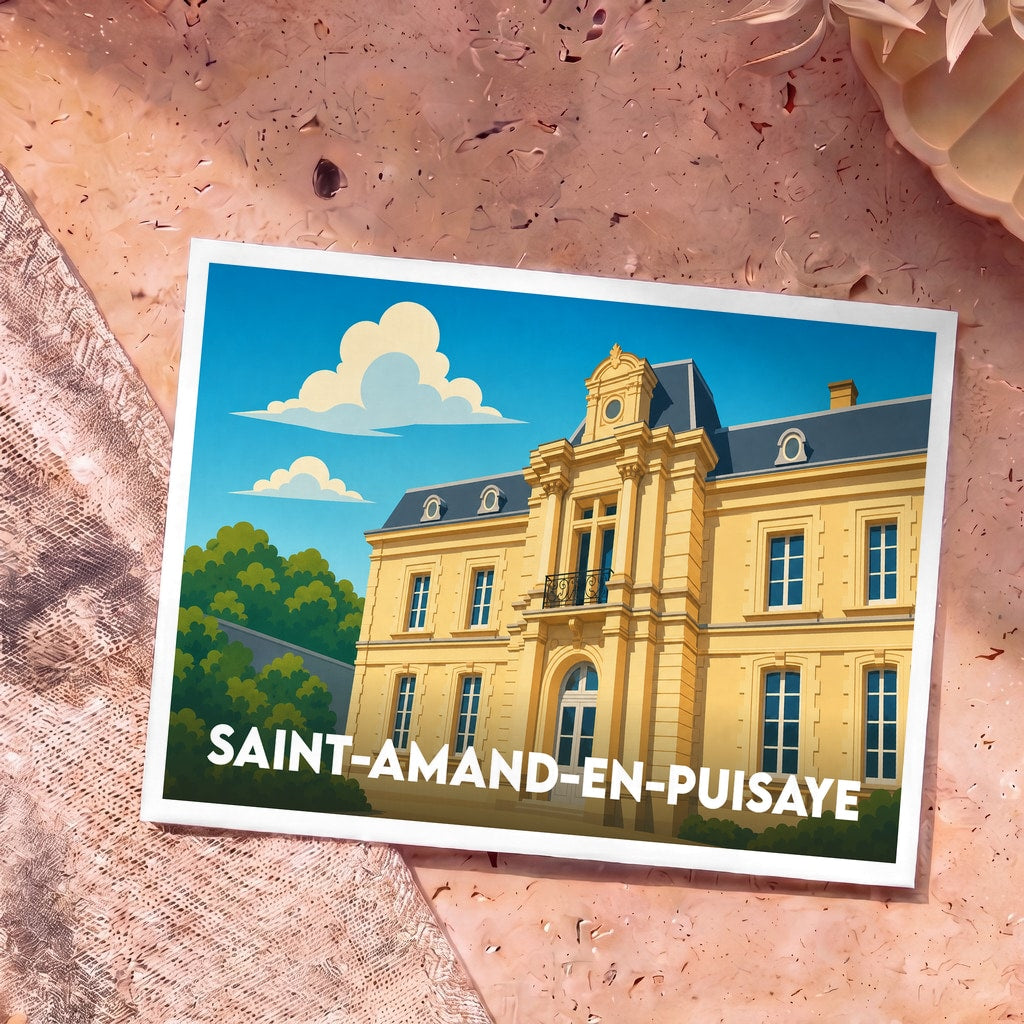 Carte postale souvenir de Saint-Amand-en-Puisaye illustrant son château dans un style graphique et coloré.